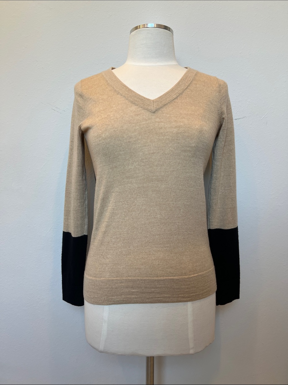 Club Monaco Beige V-Neck Sweater with Black Back & Cuff Detail